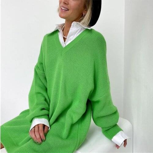 Green Knitted Womens Long Sleeve Sweaters 2021 Autumn V-neck Dropped Shoulder Loose Midi Pullovers Lady Fashion Office Knitwear