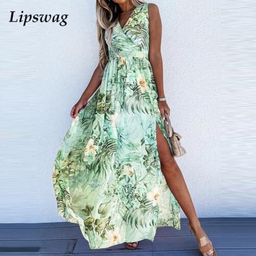2021 Women Sexy V Neck Loose Maxi Dress Spring Summer Floral Print Lady Split Party Dress Casual Sleeveless Long Dress Vestidos