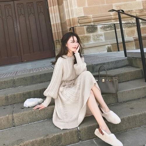 Autumn Winter Knitted Dress Women Korean O-Neck Basic Sweater Dress Office Lady Elegant Puff Sleeve Thick Loose Dress Vestido