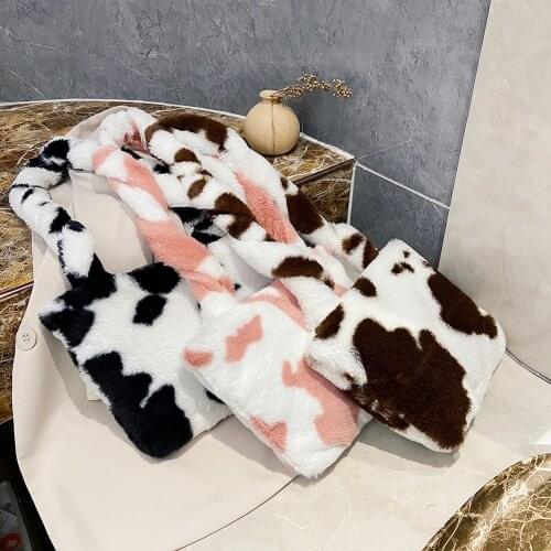 Winter Fluffy Tote Plush Cute Wild Messenger Bag Female Student Animal Pattern Large Capacity Shoulder Bags Shopping Handbags