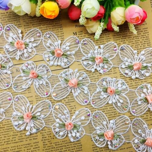20pcs Butterfly Flowers Diamond Lace Trim Applique Trimmings Ribbon Fabric Embroidered Wedding Clothes Sewing Craft Decoration