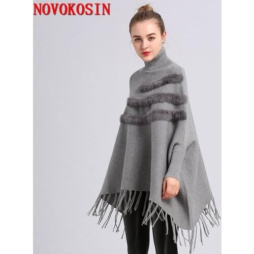 2018 Autumn Pullover Fashion Women Loose Batwing Sleeves Poncho Winter Warm Knitted Plus Size Patchwork Faux Fur Tassel Sweater