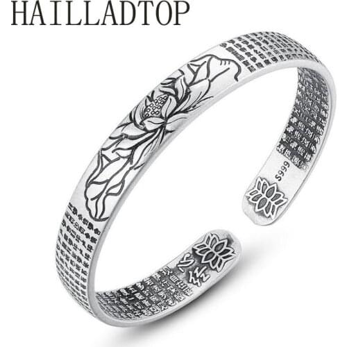 2021 Female Luxury Brand Silver Jewelry Vintage Style Lotus Heart Sutra Thai Silver Bracelet Opening Adjustable Bracelet Bangles
