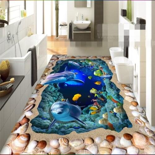 Beibehang Custom 3D Wallpaper Mural Ocean World Dolphin 3D Floor Tiles Bathroom Self-adhesive 3D wallpaper papel de parede