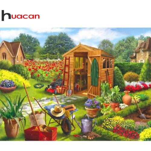 Huacan 5d Diamond Painting Full Drill Garden Scenery Home Decor Diamond Embroidery Mosaic House Flower Wall Stickers