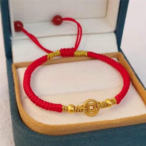 Real 24K Yellow Gold Bracelet 3D Craft Lucky Coin Red Weave Bracelet For Woman 0.2-0.3g