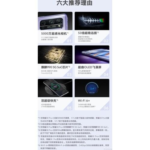DHL Fast Delivery Honor 30 Pro 5G Cell Phone Kirin 990 Android 10.0 6.57" OLED 8GB RAM 256GB ROM 40.0MP 50X Zoom 40W Charger