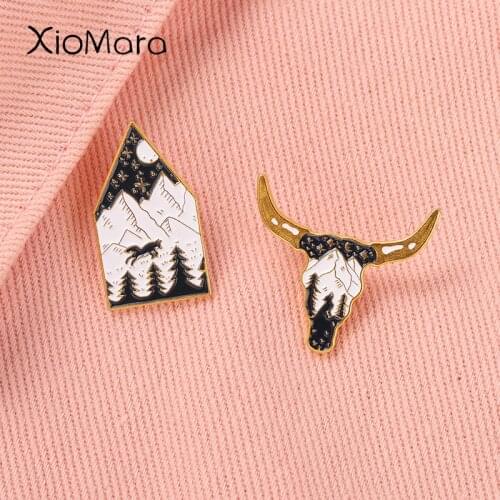 Forest Enamel Pin Cattle Wolf Dark Night Mountain Tree Metal Brooches Badges Lapel Pins Men Women Backpack Bag Hat Jewelry