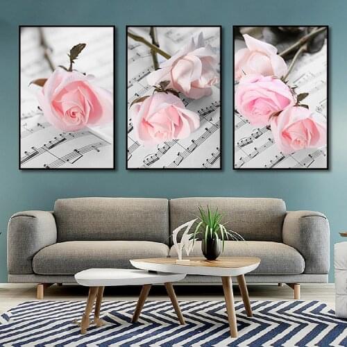 Pink Rose Flower Sheet Music Image Canvas Painting Aesthetic Room Decor Modern Wall Art Poster Pictures for Living Room