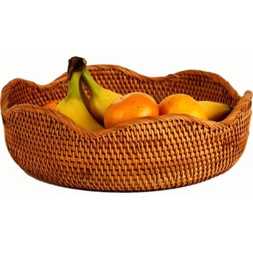 Round Handmade Rattan Woven Nuts Storage Basket, Weaving Case Candy Tray Storage Container Bin Organization Box with Cover