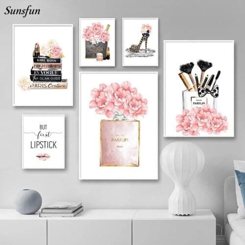 Fashion Wall Art Poster Bag High Heels Flowers Canvas Painting Artwork Print Picture Makeup Beauty Salon Girl Room Decoration
