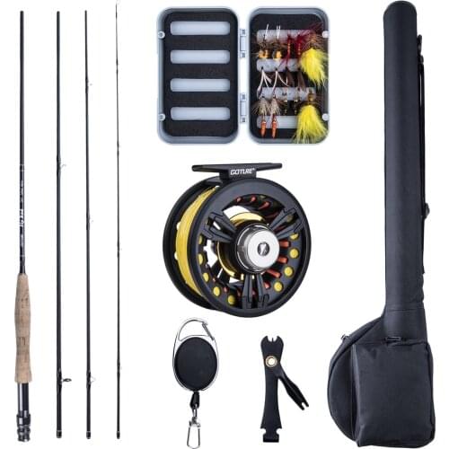 Goture Fly Fishing Reel Rod Combo 5/6M CNC Machined Fly Reel Carbon Fiber Fly Rod Fly Line Lures with Tackle Box Triangle Tube