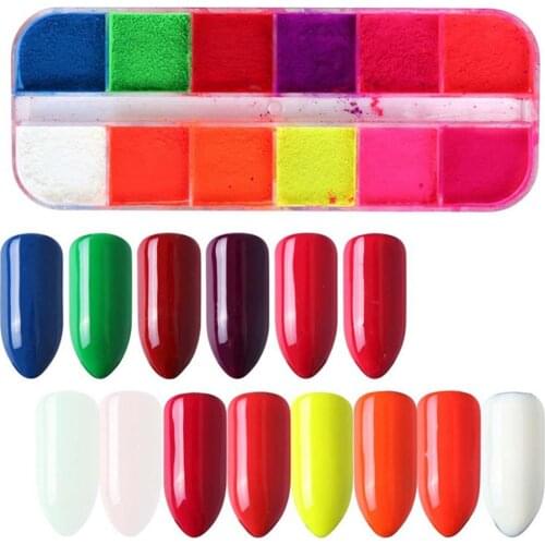 Solid Color 12 Grid Fluorescent Glitter Nail Powder Ultra-thin Manicure Pigment Fluorescent solid color glitter effect make nail