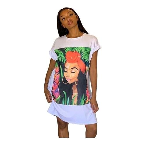 Character Print T-Shirt Dress Women Short Sleeve Tunic Mini Streetwear Dress Autumn Ladies Loose Short Casual Cotton Dress