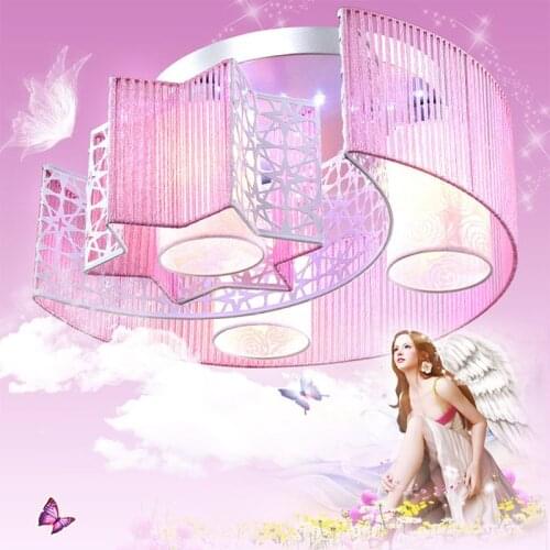 Princess Bedroom Romantic Blue & Pink Moon And Star Style Led Fabric Chandelier Beautiful Dimmable Ceiling Chadelier