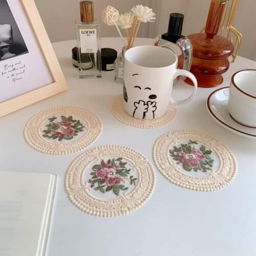 French Girl Romantic Lace Embroidery Coaster Round Home Desktop Decorative Cushion Creative Lace Weaving Coasters In Holder Set