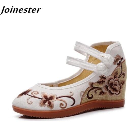 Women Embroidered Cotton Fabric Shoes Female Ethnic Ankle Strap Wedge Pumps Vintage Mary Jane Dance Dress Shoes with Buttons