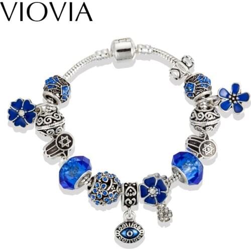 VIOVIA Flower Charms Bracelets For Women Dark Blue Crystal Beads Bracelets & Bangles Pulseras Fashion DIY Jewelry B16196