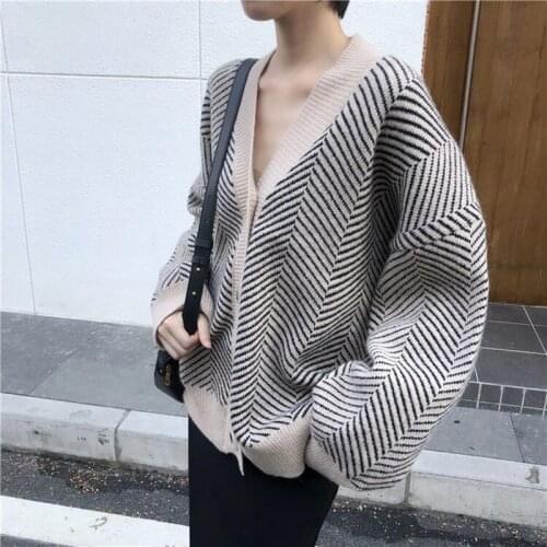 Wenfly Female Clothing Striped New Korean Version V-neck Loose Long Sleeved Single Breasted Knitting Cardigan Sweater Jacket