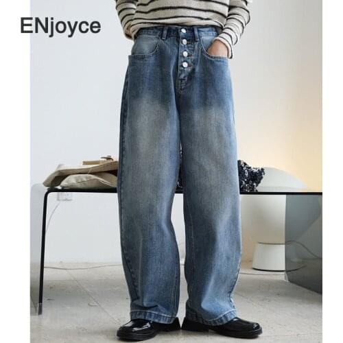 Vintage Blue High Waist Denim Pants Women Korean Single-Breasted Straight-Leg Washed Jeans Baggy Long Trousers Streetwear