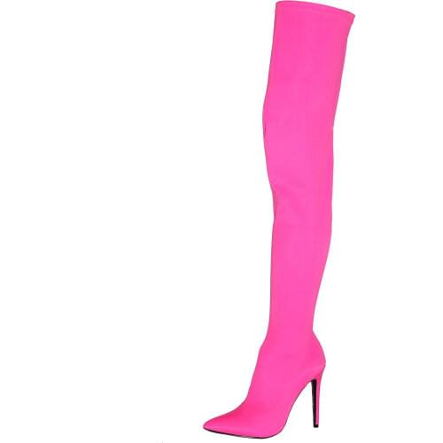 Hot Fluorescent color Custom models New Fashion Pointed Toe Thin High Heels Boots Knee High Boots Size 34-44 Candy Color