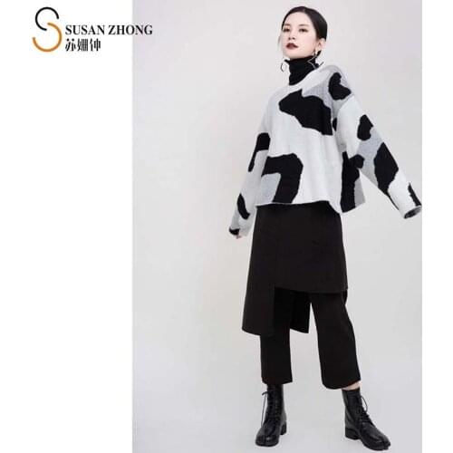 Women Pullovers Female Sweaters Lady Knitwear Japan Style Designer Fall Winter Loose Oversize Round Neck Cow Print Drop Shoulder