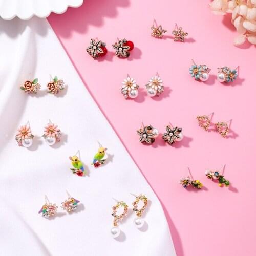 925 Sterling Silver Stud Earrings Korea Birds Flowers Simulation Pearl Colorful Rhinestone Dripping Oil Geometry Women Earrings