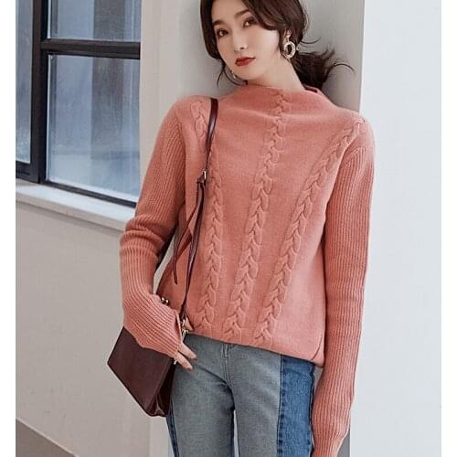 New Autumn Winter 100% Cashmere Sweater Women Half-high Collar Thickened Pullover Loose Sweater Large Size Knitted Wool Shirt