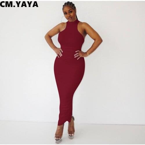 CM.YAYA Women Long Dress Solid Elastic Skinny Stacked Sleeveless O-neck Ankle Length Dress Office Lady Sexy High Street Outfits