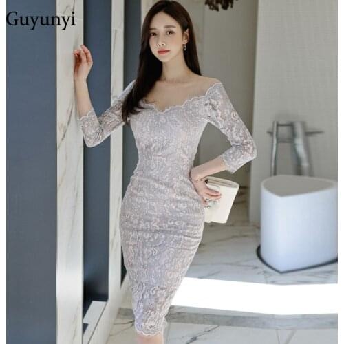 Elegant Floral Lace Dress 2021 Summer Sexy Mesh Stitching O-Neck 3/4 Sleeves Simple Temperament High Waist Tight Dress Women