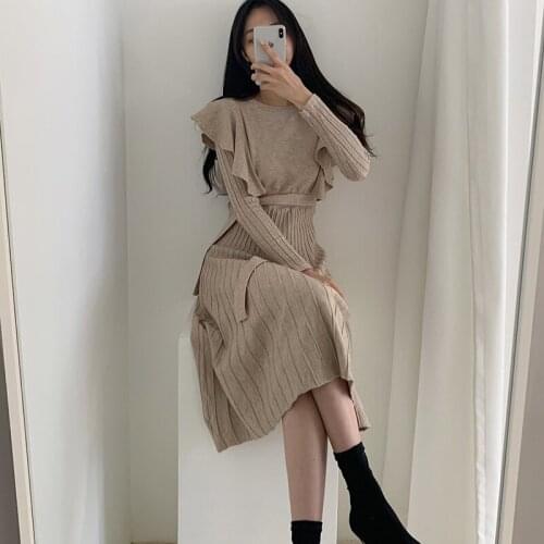2021 New Fashion O-neck Ruffles Long-sleeved Female Knitted Dress Autumn Lace-up Slim Waist A-line Dress Casual Knit Vestidos