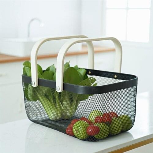 1pc Rectangle Fruit Basket Wrought Iron Hand Basket Household Basket Handheld Storage Basket With Random Color Wooden Handle