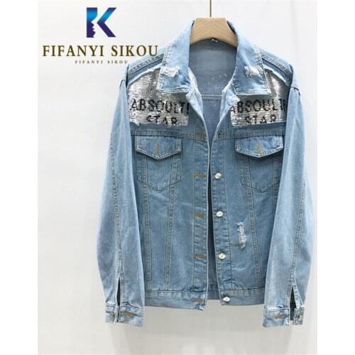 2020 Autumn Women Ripped Denim Jacket Sequins Pocket Lapel Fashion Jeans Jacket Female Loose Plus Size Casual Jeans Coat