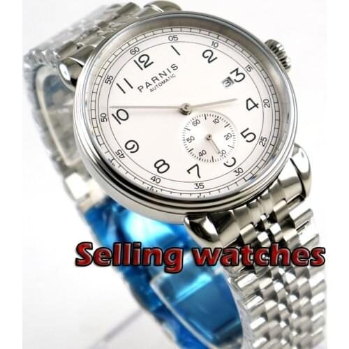 42mm PARNIS White Dial Date Indicator Stainless steel strap polished Case Automatic Mechanical mens Watch