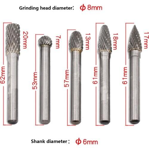 6pcs/Set Assorted 6mm Head Tungsten Carbide Rotary Point Burr Die Grinder Bit 6mm Shank Milling Cutter Abrasive Tools