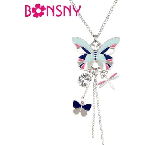 Bonsny Enamel Alloy Rhinestone Butterfly Dragonfly Necklace Pendant Novelty Insect Jewelry For Women Girls Ladies Teen Gift Bulk