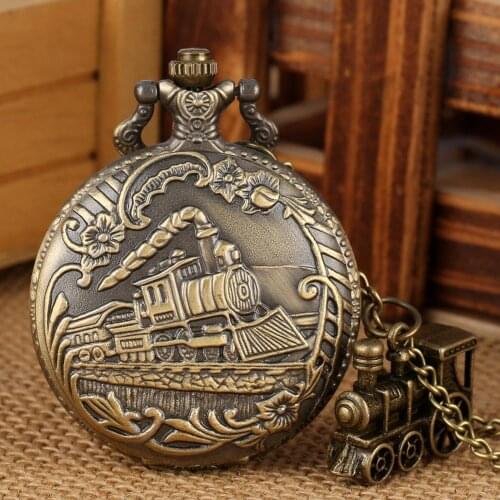 Bronze Train Front Locomotive Engine Pocket Watch Retro Necklace Chain With Train Pendant Clock Men Women Gift Relogio De Bolso