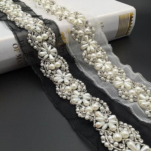 2yards peal Rhinestone Beaded lace trim clothing decorative accessories sew on lace trimming motif patches for clothing