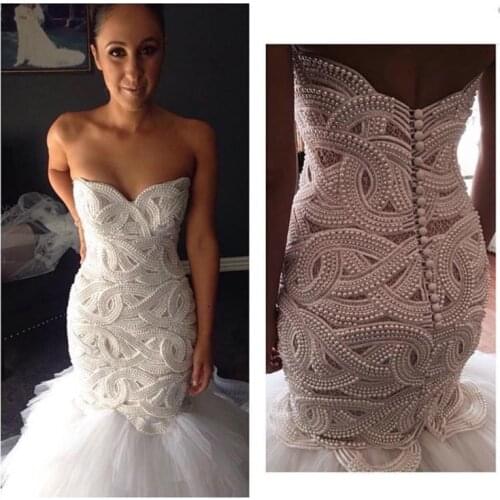 2021 New Heavy Handworks Luxury Pearls Mermaid Wedding Dresses Sweetheart Gorgeous Long Bridal Gowns Sweep Train Customize