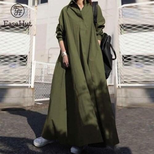 EaseHut Women Vintage Cotton Shirts Dress Solid Turn-Down Collar Long Sleeve Pocket Loose Casual Dresses Spring Robe Female 5XL