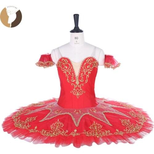 FLTOTURE Adult Women Professional Ballet Performance Red Tutu Gold Decorations Ballerina Variation Pancake Costumes Tutu Dresses