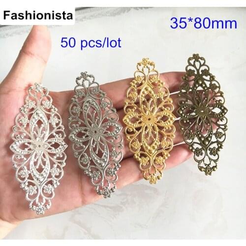 50 pcs Large Size Filigree Flowers,Metal Stamping Crafted Flowers Connector,35*80mm Gold-color,Silver-color,Steel,Bronze