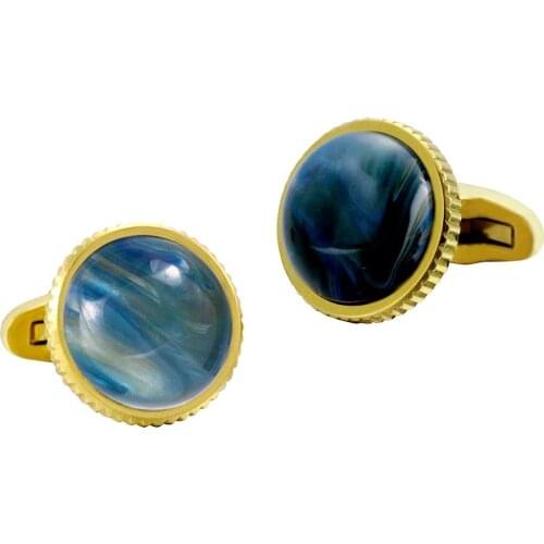 Blue starry sky nebula stone Casting Serrated stainless steel 316L 18K Gold Plating Cufflinks for Tuxedo Business Formal Shirts