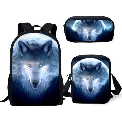 HaoYun Fashion Kids Backpack 3PC Set Fantasy Moon Wolf School Book Bag Kawaii Animal Students Backpack/Flaps Bags/Pen Bas
