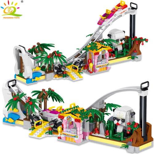 HUIQIBAO 708Pcs Amusement Park Roller Coaster Model Micro Building Blocks City Panda Street View Mini Bricks Toys For Children