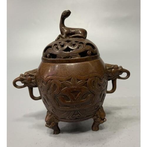 China brass archaize double lion ear Incense burner crafts statue