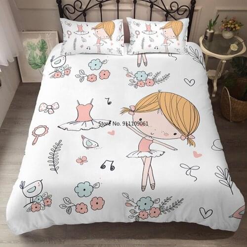 Lovely Cartoon Ballerina Bedding Set Ballet Dancing Girls Winter White Duvet Cover 90x190 Child Twin Single Queen Size 2/3pcs