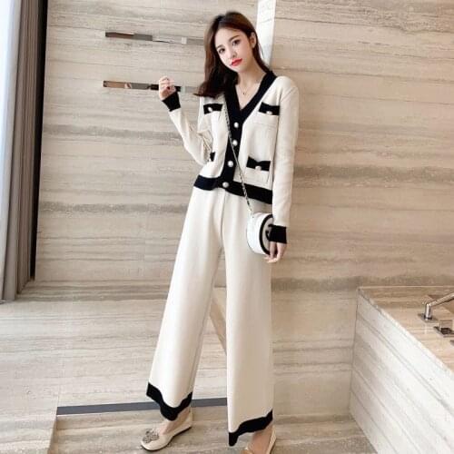 Korean Knitted Single Breasted Sweater Cardigans + Elastic Waist Trousers Set Two Piece Tracksuit Elegant Knitwear Outfits C950
