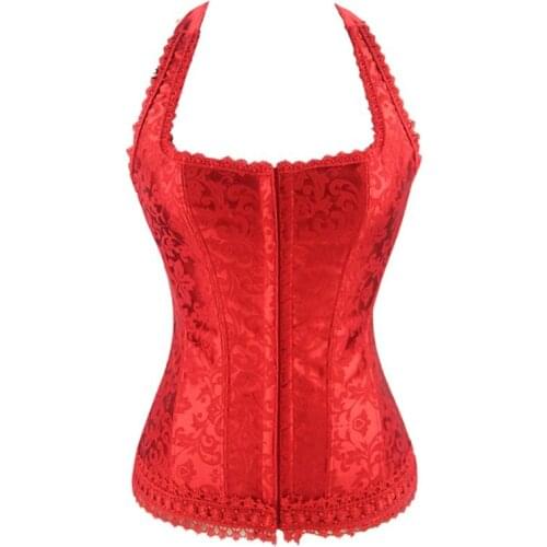 Burvogue shaper woman corset black red lace bustier tops with straps corselet fashion halter neck overbust corset lace