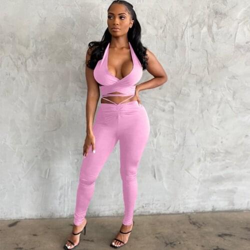 TNNAOFF Solid Two Piece Tracksuits Women Set Bandage Draped Sleeveless Tank Sexy Stacked Pencil Pants Lounge Wear Matching Sets